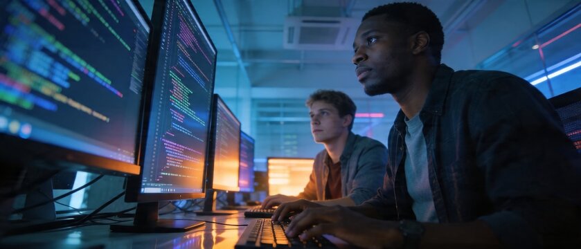 Software Developers Working on Code in Modern Tech Office