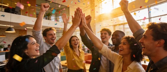 Fototapeta premium Diverse coworkers celebrating success with confetti in office