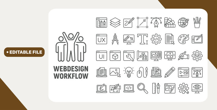 Web Design and Workflow web icons in line style. Web Design, process, planning, strategy, teamwork, productivity, task, step, action, worker. Editable stroke. Vector illustration.