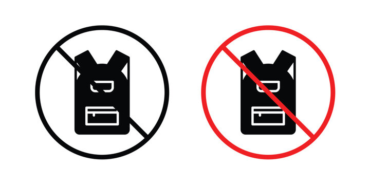 No backpacks allowed sign. Line and glyph solid vector collection.