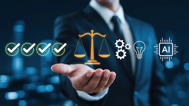 Business icons representing quality assurance, legal compliance, innovation, and artificial intelligence on a businessman's palm