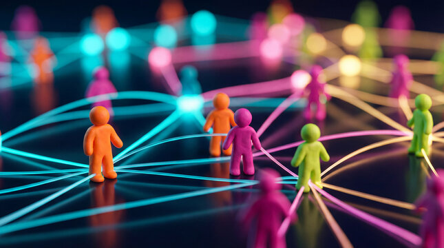 Colorful human figures connected in network showing digital communication and social connection concept