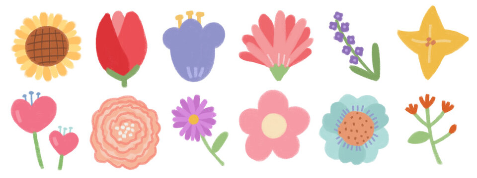 Hand drawn colorful flower doodle collection, cute floral elements set for planner and decoration
