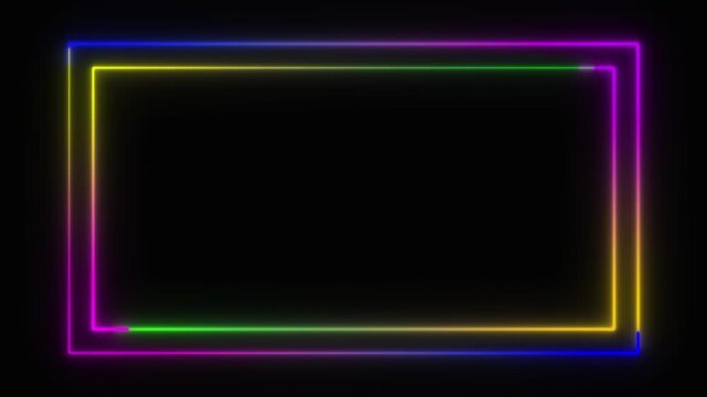 Dynamic animation of two glowing neon rectangular frames with evolving multicolored lines on a black background, abstract design, futuristic display, graphic element, or vibrant background