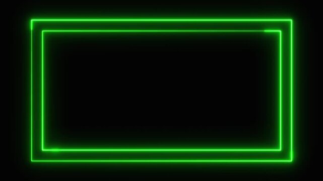 Glowing neon green rectangular frame animation drawing and vanishing on a black background, modern, technology, digital display, or video overlay