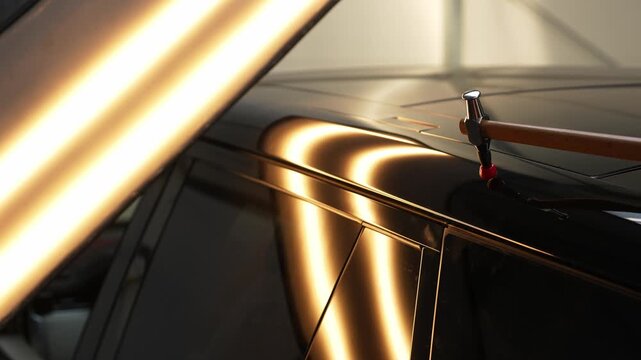 4k video PDR technician actively strikes the vehicle roof with a knockdown hammer under bright LED illumination.