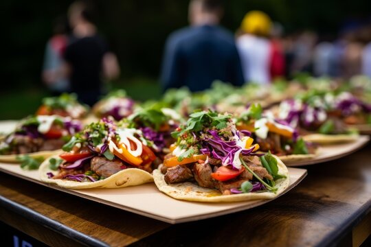 Delicious street food tacos with fresh ingredients served at an outdoor event