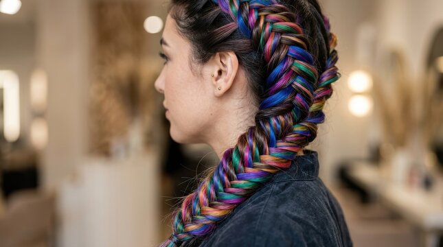 Braided hair with a mix of vibrant colors shown in a close-up with a soft and professional background and clear lighting. The