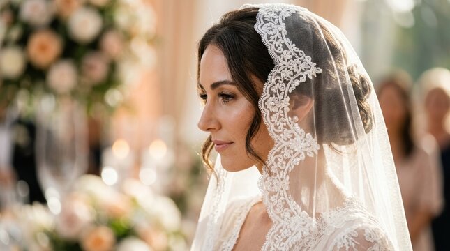 Close-up side view portrait of a bride in a delicate white lace veil with soft sunlight filtering through the fabric. High-end