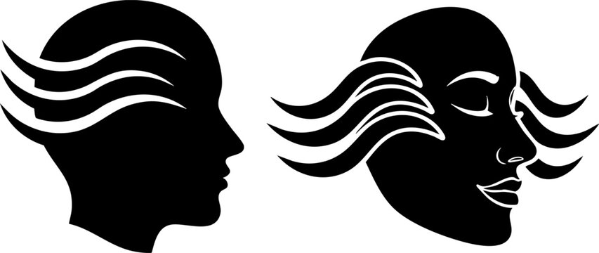 Minimalist human head silhouette with wind waves, abstract profile of face with flowing energy lines, black and white conceptual vector art