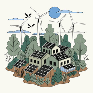 Sustainable smart city illustration with solar panels and wind turbines
