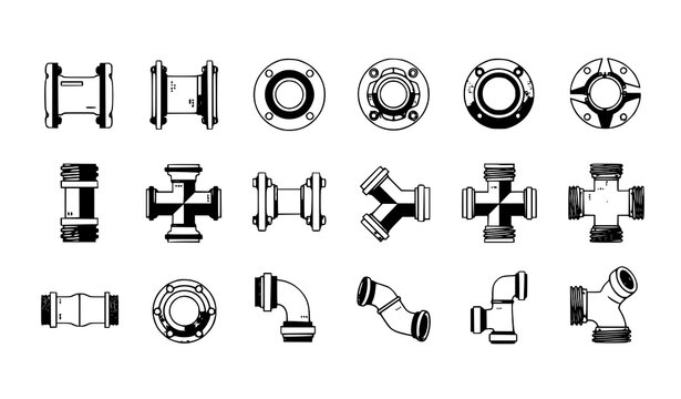 Pipe fittings icon set vector steel tube flange coupling industrial design