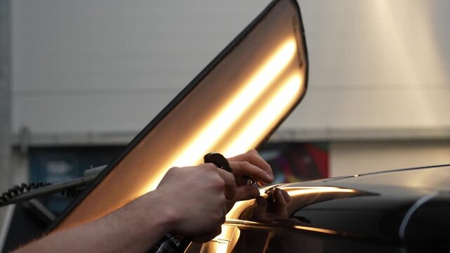 PDR Active Slide Hammer Glue Pulling 4k video. Paintless dent repair requires a dynamic slide hammer to pull glued tabs outward.