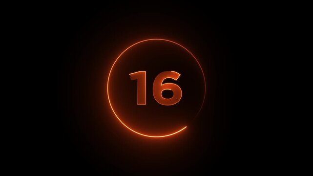 Neon yellow color with circle Number 16 text icon animation education mathematic digit count finance countdown icon sign symbol on black background.