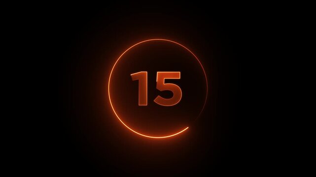 Neon yellow color with circle Number 15 text icon animation education mathematic digit count finance countdown icon sign symbol on black background.