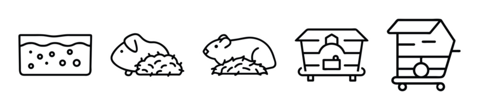 A clean vector illustration set featuring line art icons of cute guinea pigs along with their necessary pet care habitat supplies accessories.