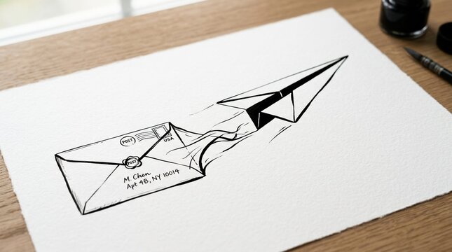 Minimalist ink drawing of a mail envelope transitioning into a soaring paper plane silhouette with clear lighting. This artistic