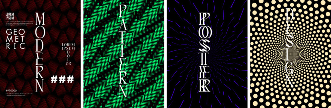 A series of four modern art abstract posters with vibrant colors and geometric patterns. Each poster features different event details, showcasing optical illusion and design.
