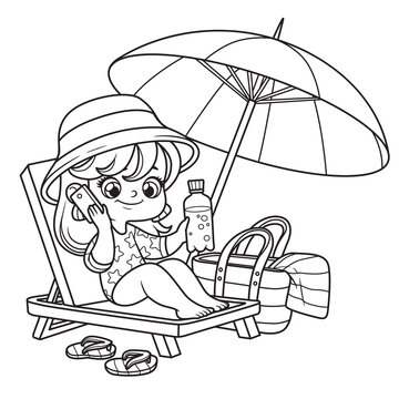 Cute cartoon girl in a swimsuit sits on sun lounger under an umbrella with water and phone outlined for coloring page on white background