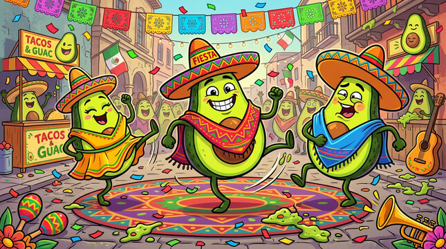 Funny avocado characters in sombreros and ponchos dancing at Cinco de Mayo street festival, vibrant cartoon illustration