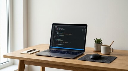 Fototapeta premium Minimalist studio setup featuring laptop with coding interface on desk against a clean neutral background for commercial use..