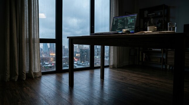 Cinematic perspective of laptop on desk near window workspace from a low angle with dramatic lighting and shadows.. 