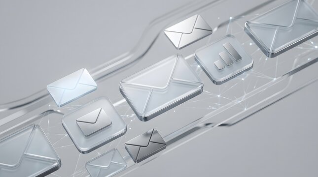 Glass envelope icons and digital data symbols floating on abstract background. Concept of electronic message delivery and global communication network. Modern minimalist 3D interface design.