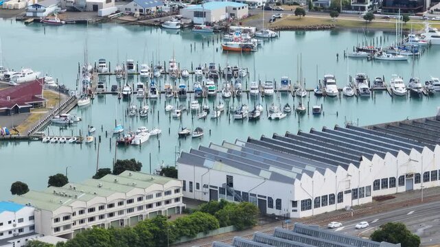 Ahuriri marina filled with sailboats and motorboats docked in the water. The boats are neatly arranged in rows, with some buildings and trees visible on the shore. Napier, Hawkes Bay, New Zealand