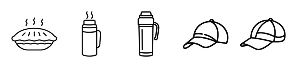 Naklejka premium Set of outline vector graphic icons featuring a steaming hot pie multiple thermal flasks and modern casual baseball cap style accessories