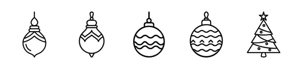 Fototapeta premium Minimalist vector graphic illustration featuring a set of simple outline christmas baubles and a decorated evergreen tree for your seasonal holiday designs