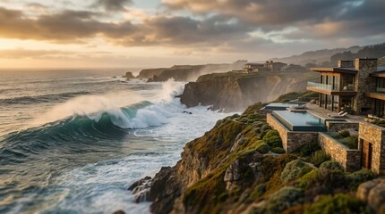 Fototapeta premium Ocean wave crashing illustration captured in a sprawling wide angle landscape with dramatic natural elements.. This expansive