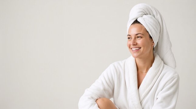 A smiling woman in a bathrobe sits indoors with a towel on her head, against a light background with copy space.