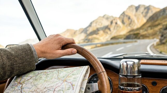 Man driving vintage car on scenic mountain road with map