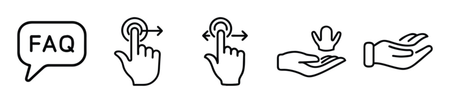 Minimalist vector line illustration set showing common hand gesture icons and frequently asked questions symbol for interface design and digital user navigation