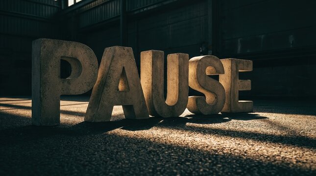 Cinematic perspective of pause text on black background from a low angle with dramatic lighting and shadows.. This dynamic shot