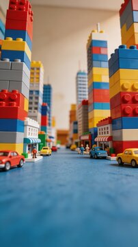 A miniature Lego city with tall buildings and small cars, showcasing a vibrant and playful urban landscape.