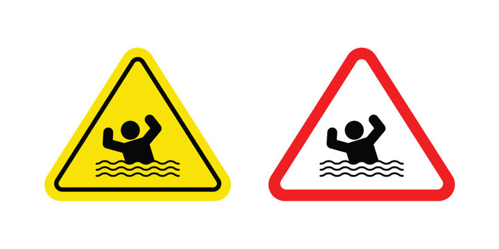 Risk of drowning warning sign. Line and glyph solid vector collection.