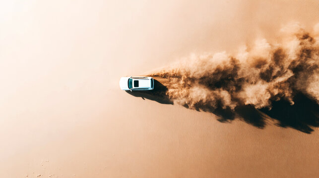 Off road vehicle speeding across arid sand landscape, leaving an impressive trail of sand and shadow under warm sunlight