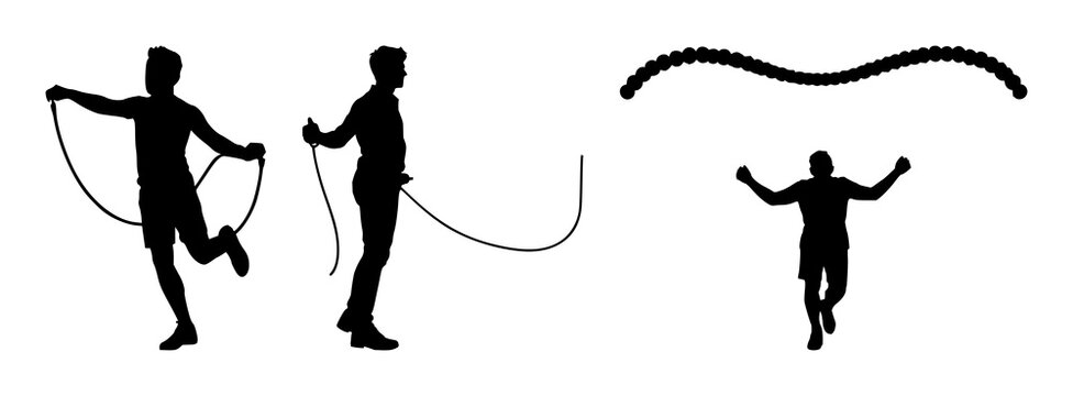 Skipping rope set with black silhouette and white background featuring fitness, exercise, cardio with silhouette and white background