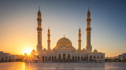 Fototapeta premium Mosque architecture at sunset, golden dome shimmering under warm light with sunburst, creating a spiritual and peaceful atmosphere for worship