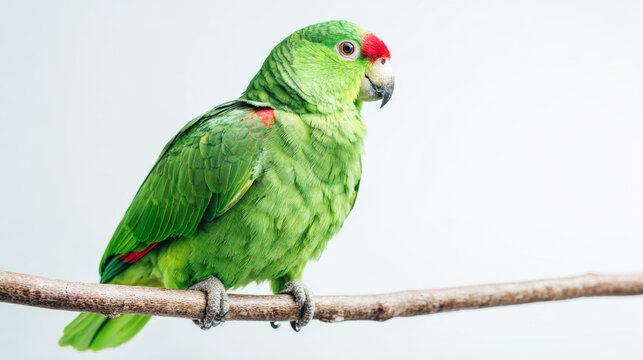 Red lored amazon parrot perched on a branch, showcasing its green plumage and distinctive red head marking against a white background