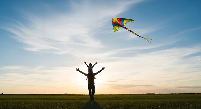 A person flying a colorful kite in an open field at sunset illustration