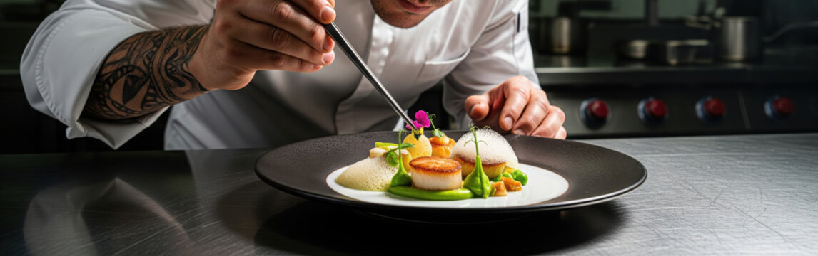 Professional Chef Plating Gourmet Scallops in Commercial Kitchen