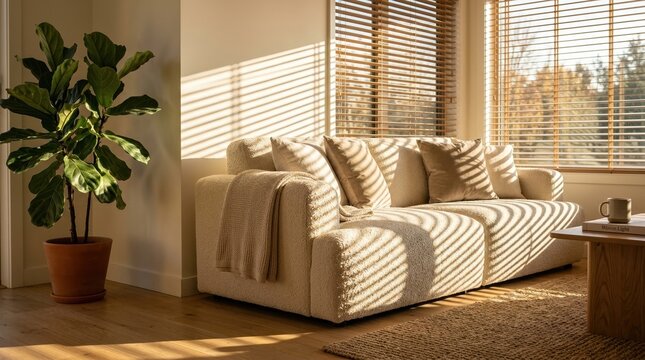 Parallel shadows of window blinds falling across a cozy cream-colored sofa in a sunlit modern living room with soft textures. The