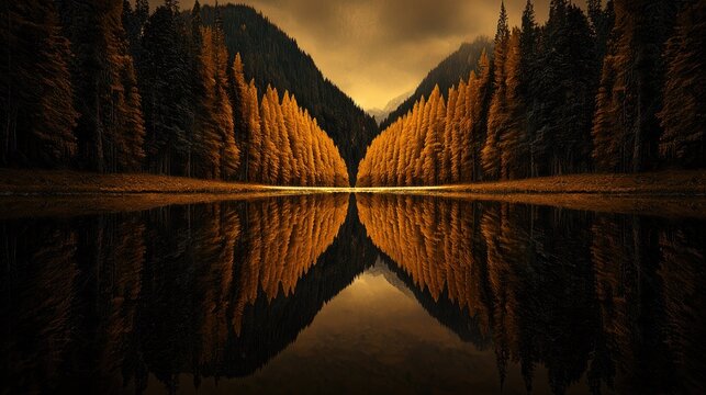 Golden autumn forest reflections on tranquil lake.