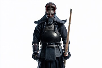 Fototapeta premium Kendoka wearing traditional protective armor and holding wooden sword. Japanese martial artist practicing kendo