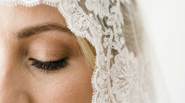Extreme close-up of a bride's eyes and the intricate lace of her white veil in a soft side view profile. High-key studio lighting