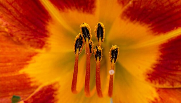 Close-up of a vibrant orange and yellow daylily flower center.