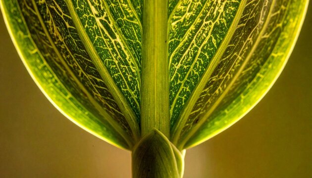 Close-up of a vibrant green leaf revealing intricate vein patterns and cellular structure.