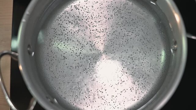Water in a pot heats up on a stovetop, with bubbles forming as it begins to boil.